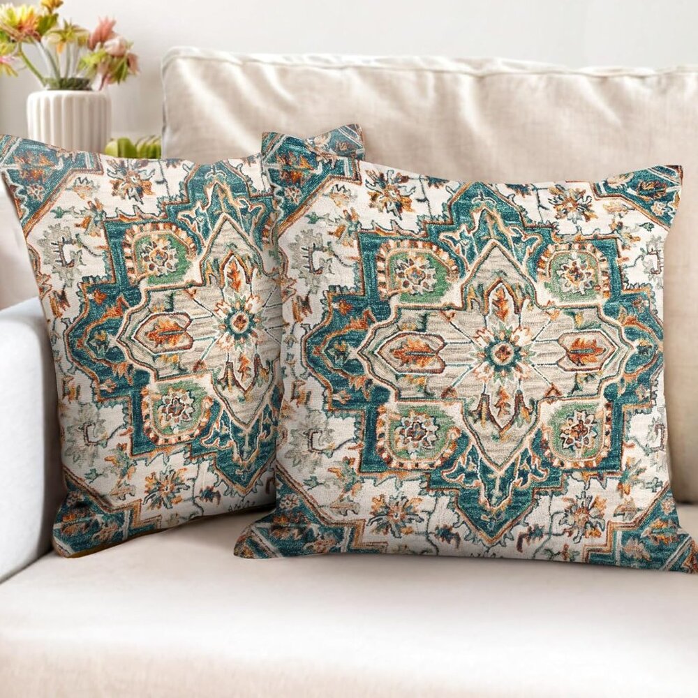 NEW 2 Set 🎀 Boho Green Throw Pillow Covers 18"" Bohemian Velvet Soft Be…